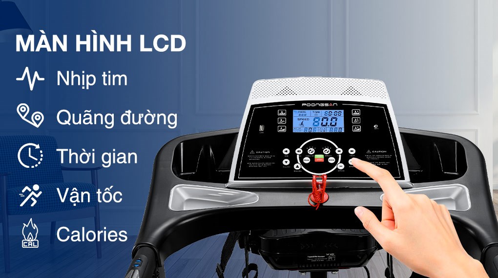 Máy Chạy Bộ Poongsan TMP 900 được trang bị màn hình LCD hiển thị lượng calo tiêu thụ cho quá trình tập thể dục
