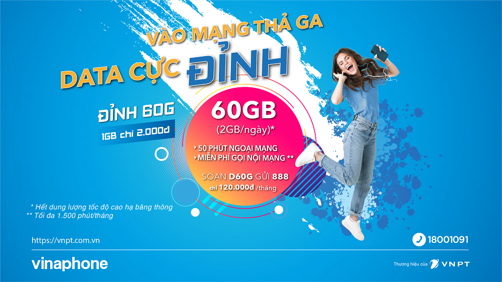 VinaPhone ra mắt gói cước ĐỈNH: 60G data/tháng, 1500 phút gọi nội mạng giá chỉ 120.000 đồng.