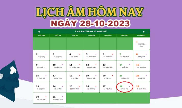 Lịch âm 28/10 - Âm lịch hôm nay 28/10/2023 nhanh và chính xác