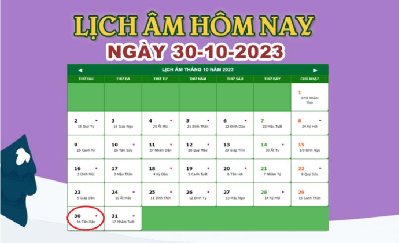 Lịch âm 30/10 – Âm lịch hôm nay 30/10/2023 nhanh và chính xác