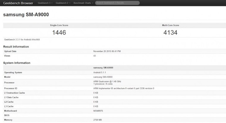 Thông số Samsung Galaxy A9 vừa bị ghi nhận trên Geekbench
