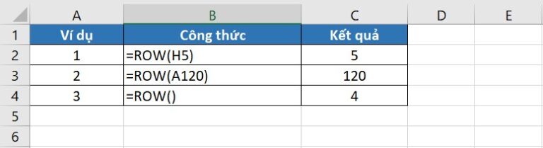 Hàm ROW trong Excel trả về số hàng trong ô tham chiếu