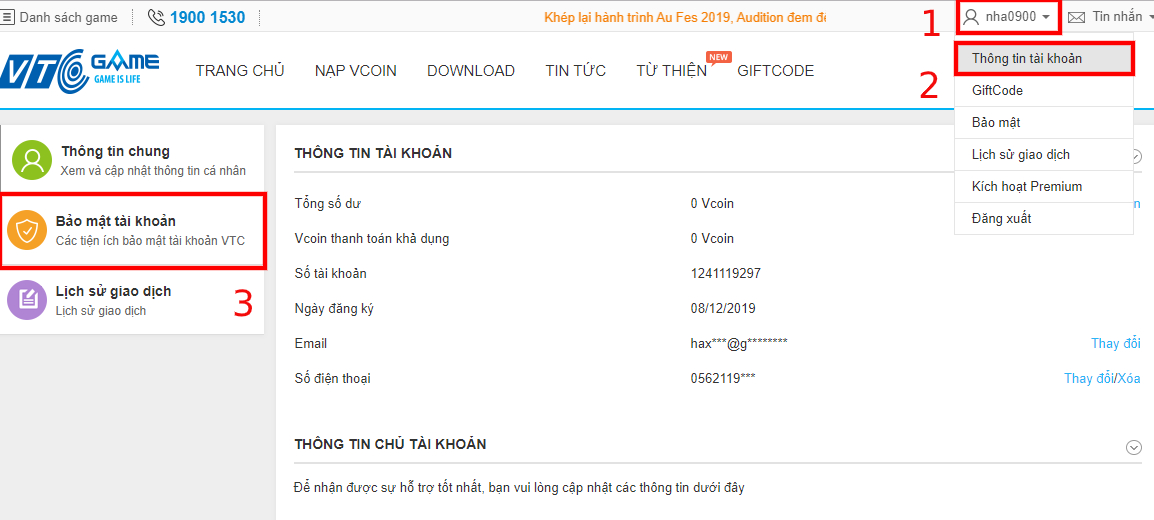 Hướng dẫn thay đổi mật khẩu VTC game, lấy lại mật khẩu khi bị mất